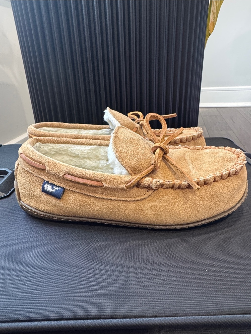 Kids VINEYARD VINES Tan Suede Moccasin Slippers with Shearling Lining